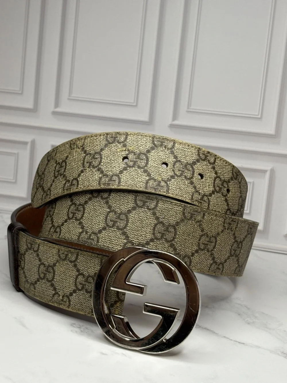 Gucci Beige/Brown GG Monogram Belt with Silver Double G Buckle